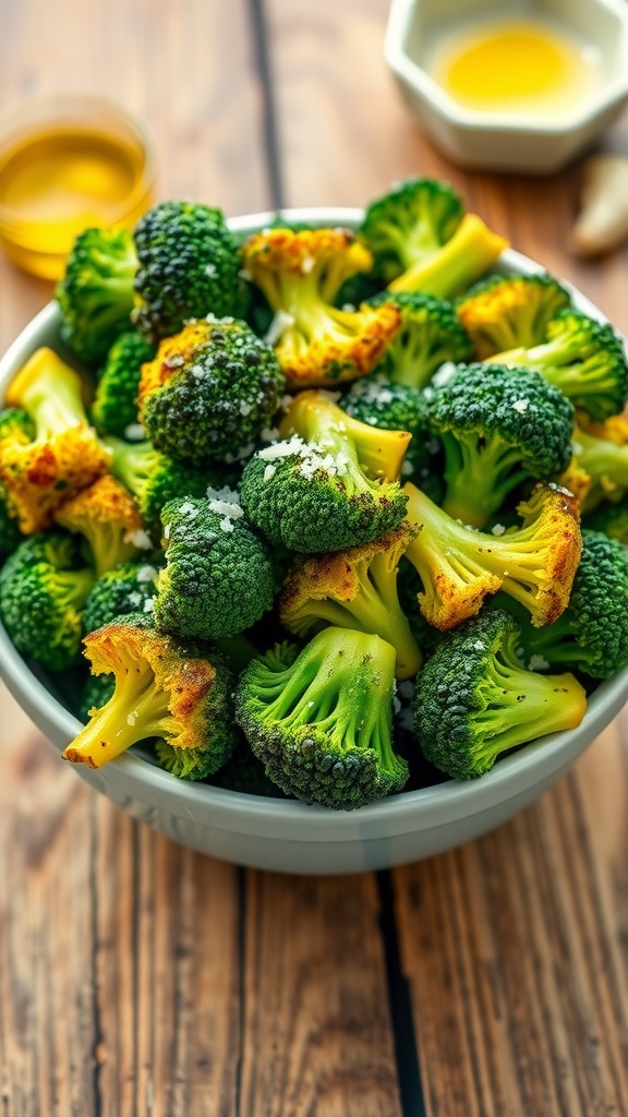 Crispy air fryer broccoli garnished with Parmesan cheese on a rustic table.